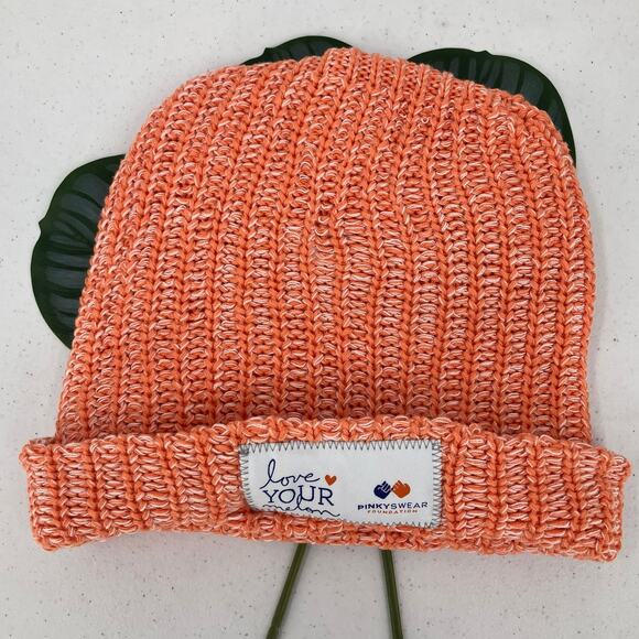 Love Your Melon Pinkyswear Foundation Orange White Knit Cuffed Winter Beanie Hat - Picture 3 of 4
